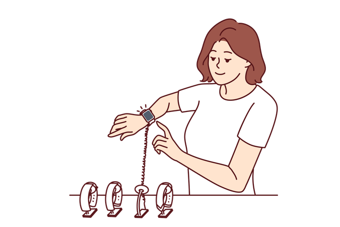 Mulher experimenta relógio de pulso nas mãos  Ilustração