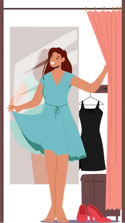 Jovem Personagem Feminina Experimentando Roupas No Camarim Da Loja Mulher Com Vestido Novo Fica Na Cabine Com Espelho E Cabides Em Loja De Roupas Da Moda Compras Nas Horas Vagas Ilustra O Vetorial De Desenho Animado Ilustração