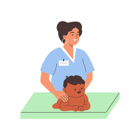 Terapeuta na mesa de fraldas fazendo massagem em bebê  Ilustração