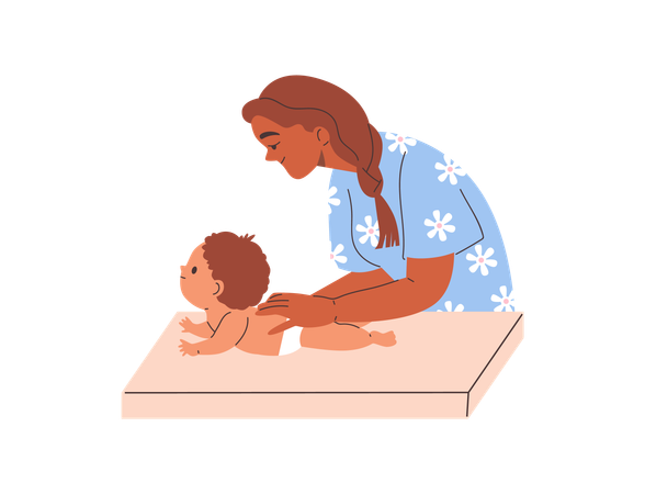 Terapeuta na mesa de fraldas fazendo massagem no bebê  Ilustração