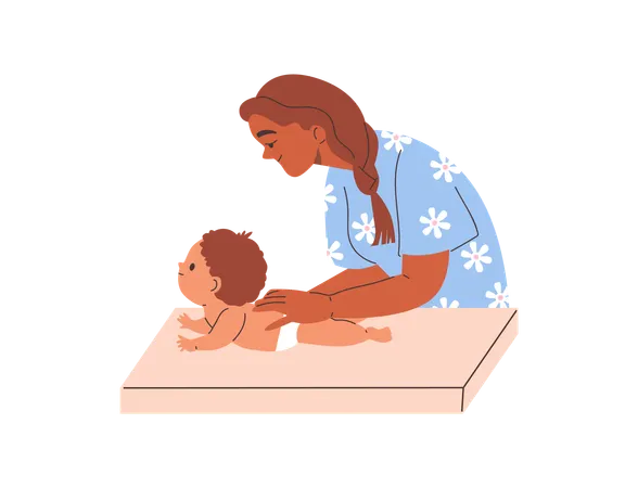Terapeuta na mesa de fraldas fazendo massagem no bebê  Ilustração