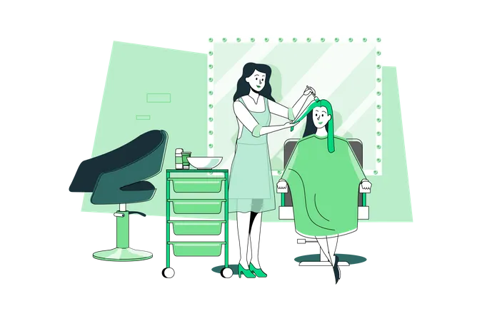 Mulher tingindo o cabelo por cabeleireiro em salão de beleza  Ilustração