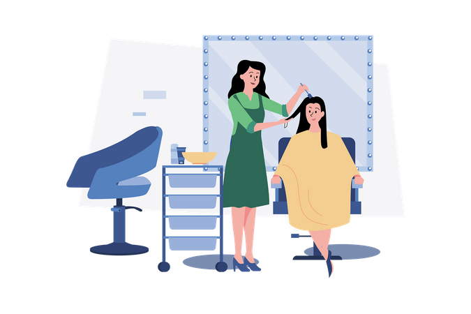 Mulher tingindo o cabelo por cabeleireiro em salão de beleza  Ilustração