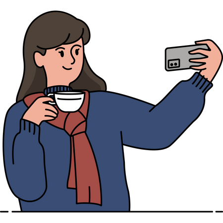 Mulher tirando selfie em cafeteria  Ilustração