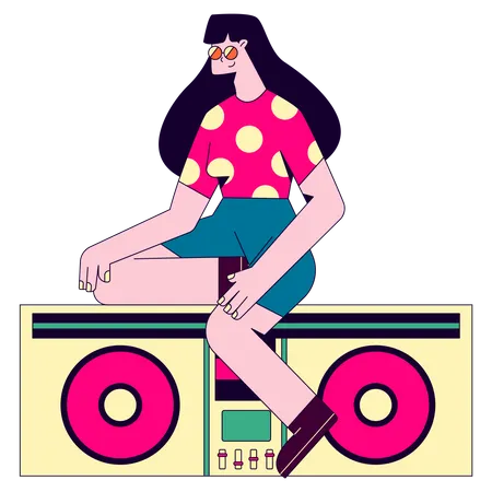 Mulher tocando DJ em uma festa musical  Ilustração