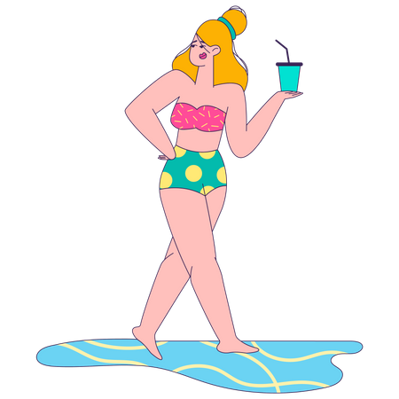 Mulher tomando bebidas na praia  Ilustração