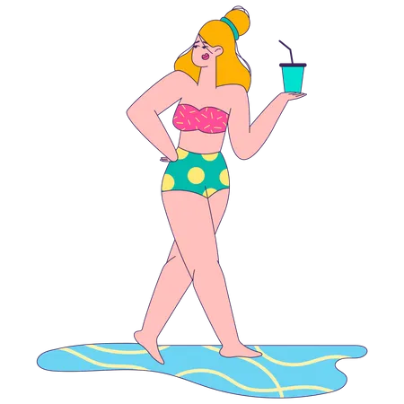 Mulher tomando bebidas na praia  Ilustração