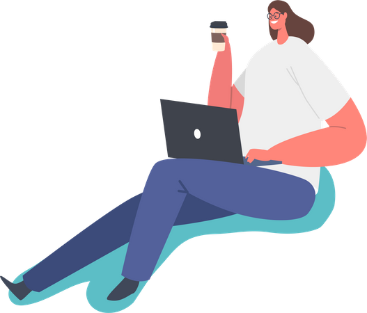 Mulher tomando café enquanto trabalha  Ilustração