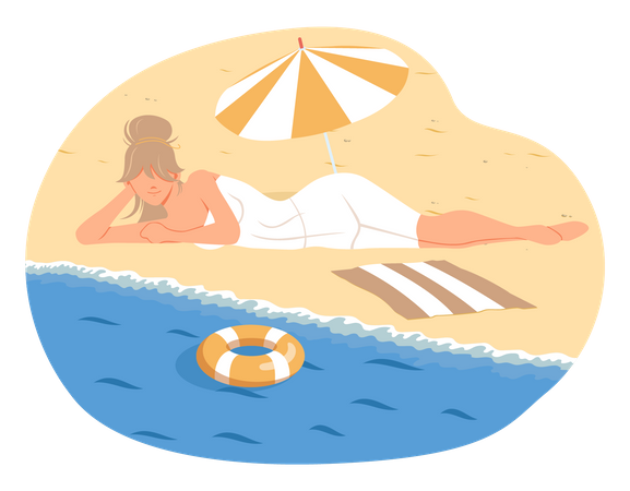 Mulher tomando banho de sol na costa arenosa perto da água  Ilustração