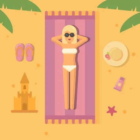 Mulher tomando sol na praia  Ilustração