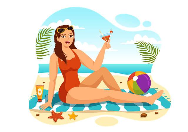 Mulher tomando sol na praia  Ilustração