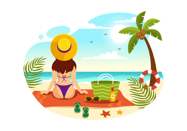 Mulher tomando sol na praia  Ilustração