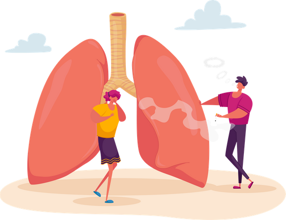 Mulher tossindo perto de pulmões enormes com homem fumante  Ilustração