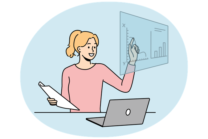 Mulher trabalha com gráficos no computador  Ilustração