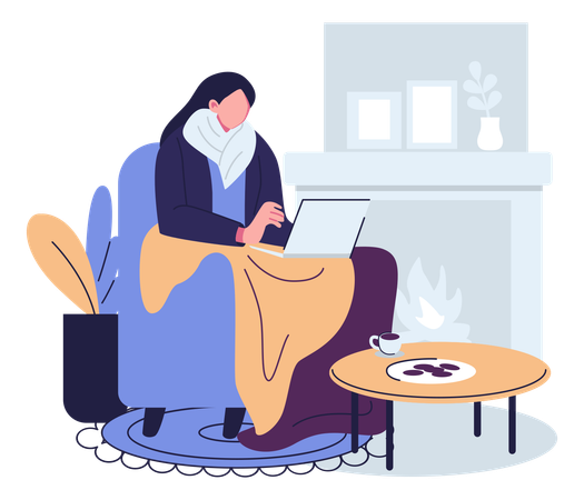 Mulher trabalha enquanto toma café quente no inverno  Ilustração