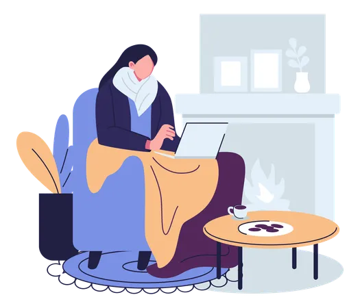 Mulher trabalha enquanto toma café quente no inverno  Ilustração