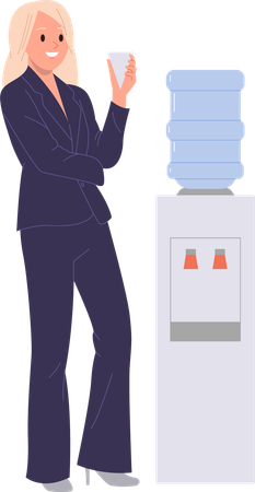 Mulher trabalhadora de escritório bebendo água purificada fresca do refrigerador isolado no branco  Ilustração