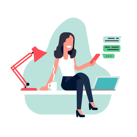 Mulher confiante, trabalhadora de escritório, sentada em cima da mesa de trabalho, verificando mensagens de texto no telefone  Ilustração