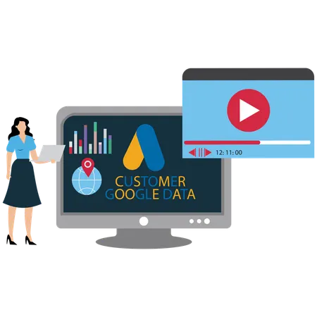 Mulher trabalhando com dados de clientes do Google  Ilustração