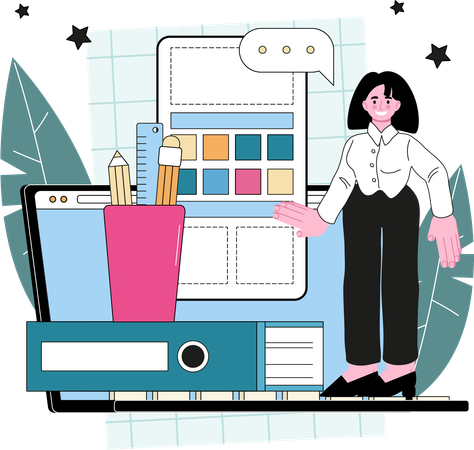 Mulher trabalhando como designer de ui ux móvel  Ilustração