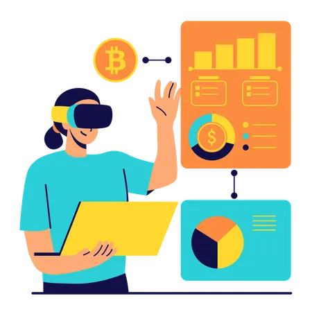 Mulher trabalhando em blockchain por realidade aumentada  Ilustração