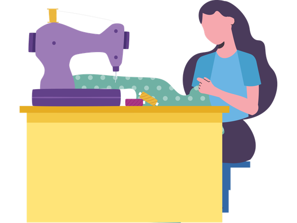 Mulher trabalhando em máquina de costura  Ilustração