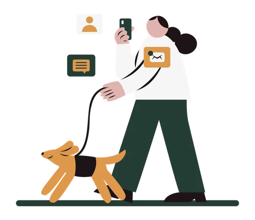 Mulher trabalhando enquanto caminhava com cachorro  Ilustração