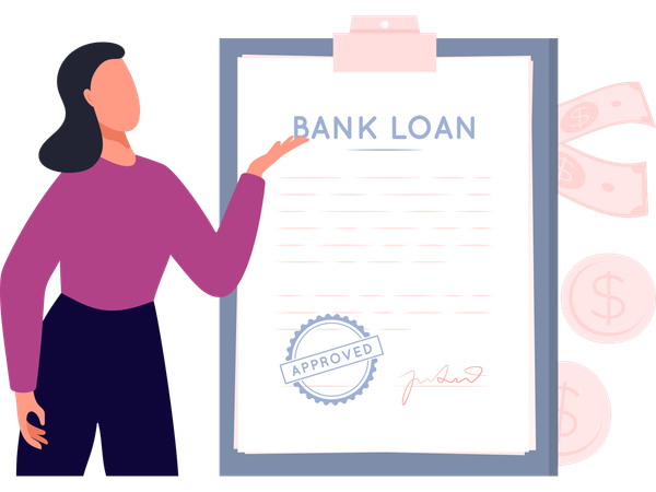 Mulher trabalhando na aprovação de empréstimo bancário  Ilustração
