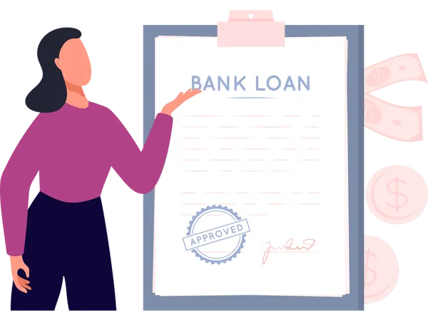 Mulher trabalhando na aprovação de empréstimo bancário  Ilustração