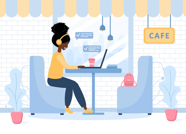 Mulher trabalhando no café  Ilustração