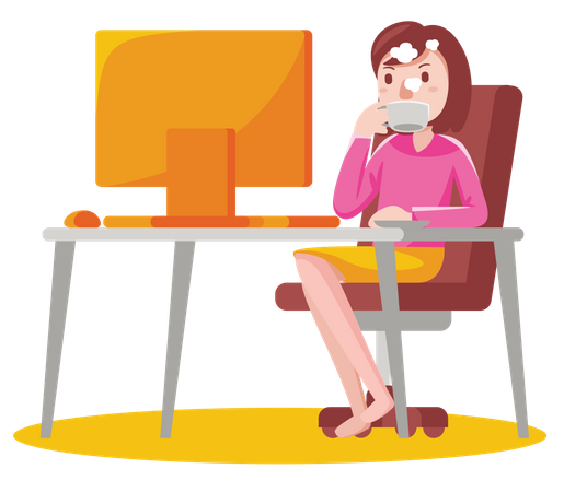 Mulher trabalhando no computador enquanto toma café  Ilustração