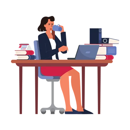 Mulher trabalhando no computador enquanto toma café  Ilustração