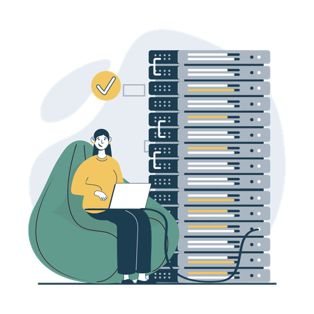 Mulher trabalhando no gerenciamento de data center  Ilustração