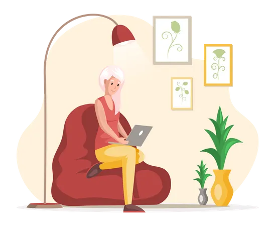 Mulher trabalhando no laptop sentada no pufe  Ilustração