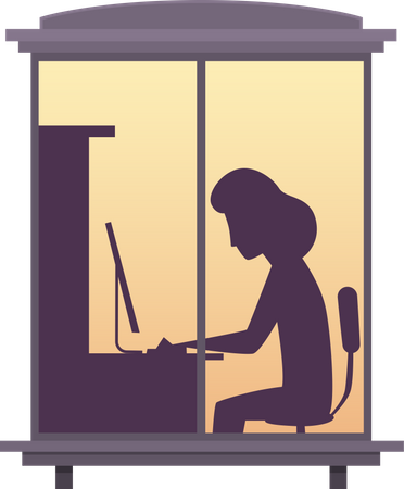 Mulher trabalhando no laptop, vista da janela  Ilustração