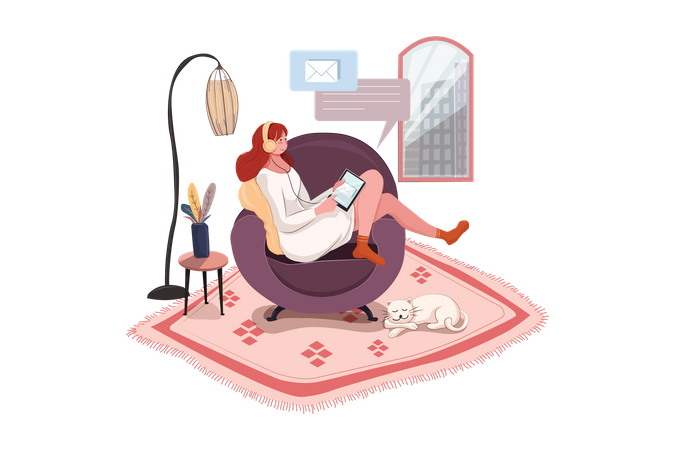 Mulher trabalhando remotamente em casa  Ilustração