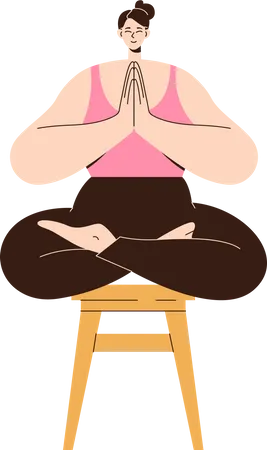 Mulher tranquila no banquinho meditando sentada com as pernas cruzadas e as mãos postas na posição Namaste  Ilustração