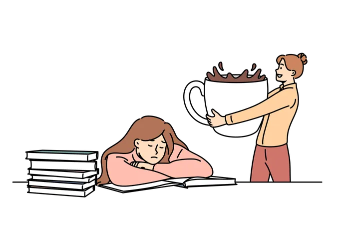 Mulher traz muito café para uma estudante cansada sentada à mesa com livros para se preparar para os exames  Ilustração