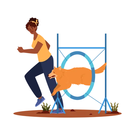 Mulher treinando seu cachorro de estimação para pular de pneu  Ilustração