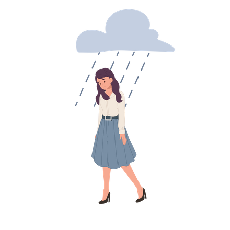 Mulher triste andando sob a chuva  Ilustração