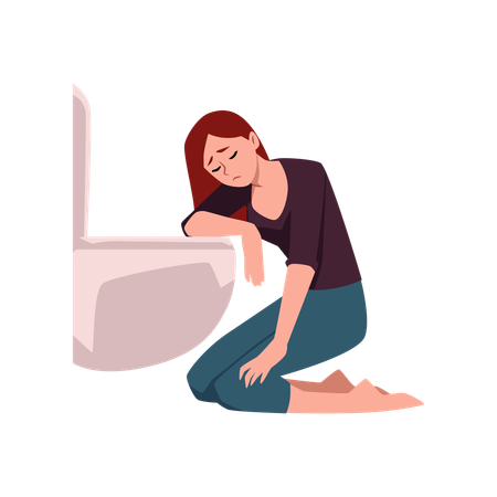 Mulher triste e doente vomitando no banheiro, doença de bulimia e anorexia  Illustration