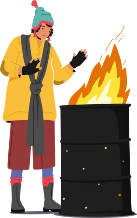 Mulher triste mendiga aquecendo as mãos no fogo queimando em um barril de metal  Ilustração