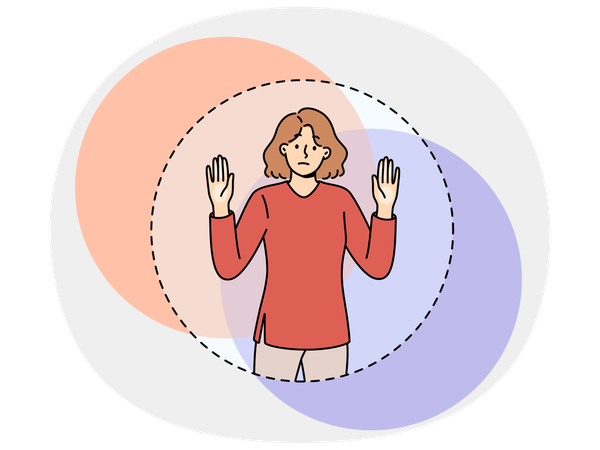 Mulher triste não consegue sair do círculo transparente simbolizando a zona de conforto  Ilustração