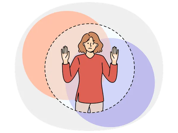 Mulher triste não consegue sair do círculo transparente simbolizando a zona de conforto  Ilustração
