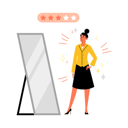 Mulher triste olha no espelho e avalia roupa  Ilustração