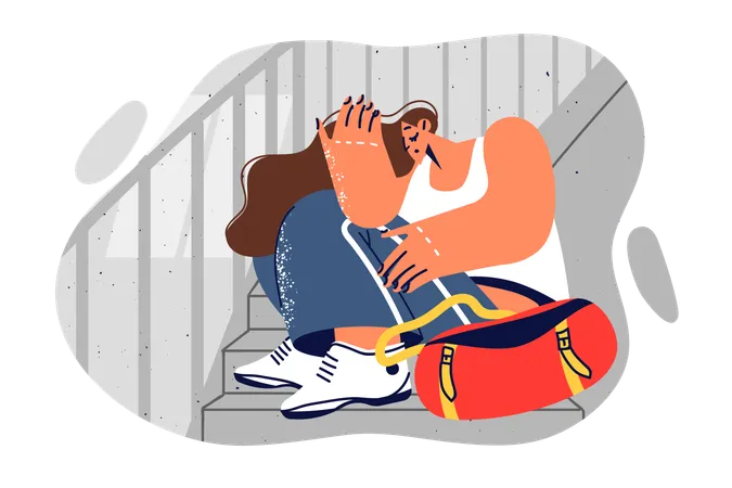 Mulher triste é vítima de ladrão e senta na escada com bolsa aberta  Ilustração