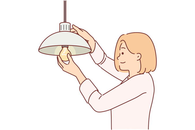 Mulher troca lâmpada em casa  Ilustração