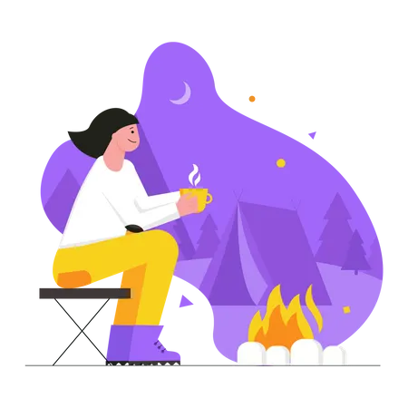 Turista de mulher tomando café e sentado perto da fogueira  Ilustração