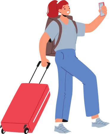 Turista feminina andando com bolsa e smartphone  Ilustração