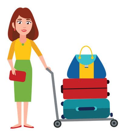 Turista feminina com carrinho de bagagem  Ilustração
